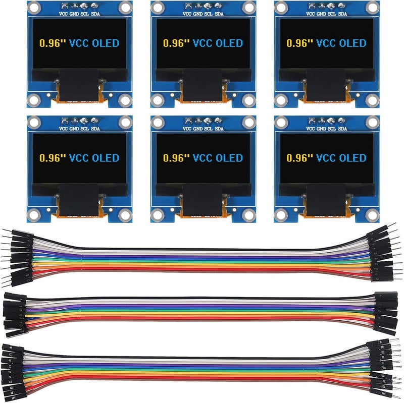 XIITIA 6pcs 0.96 inch OLED IIC I2C Display Module SSD1306 128x64 LCD Screen Driver with 30pin Dupont Cables for Arduino Projects(Yellow Blue/VCC Screen) - Image 1